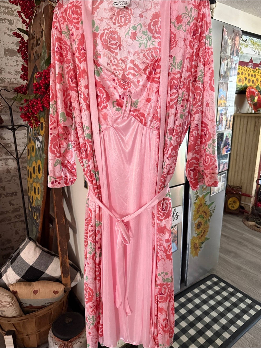 Blush Pink Floral Satin Robe and Slip Set